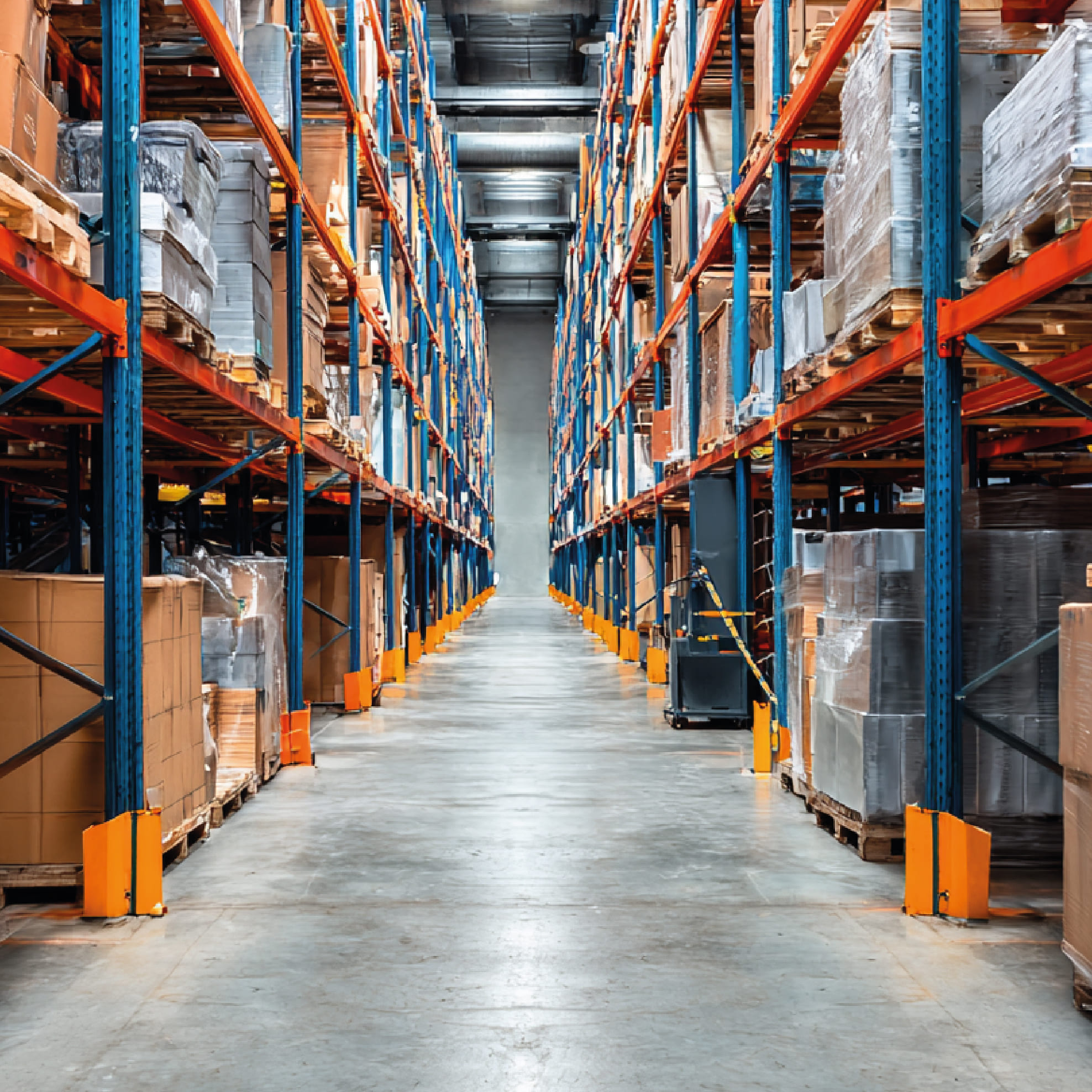 Bodega empresarial con estanterías y mercancía organizada