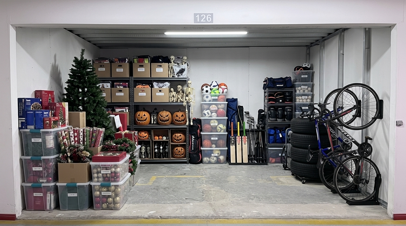 Artículos de temporada guardados en minibodega